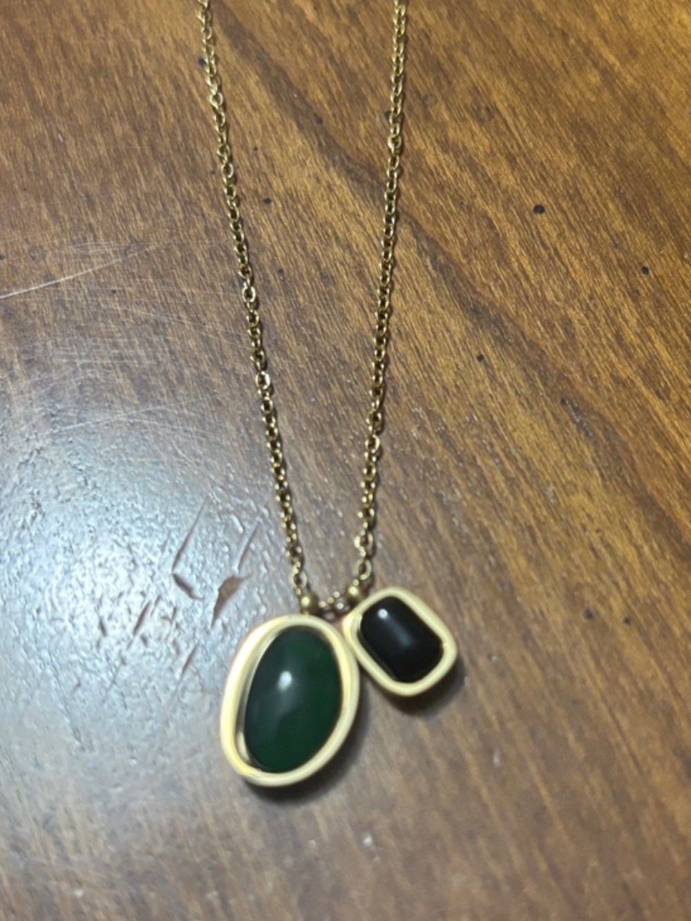 Delicate Gold Chain Necklace with Green & Black Stone Pendant